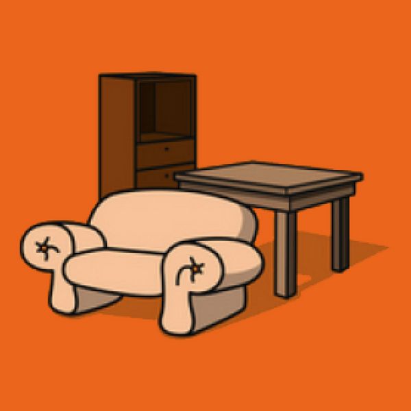 Möbel; Sofa, Tisch und Schrank mit einem orangenen Hintergrund Möbel; Sofa, Tisch und Schrank mit einem orangenen Hintergrund