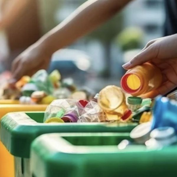Plastikflaschen werden händisch in Abfalltonnen sortiert Plastikflaschen werden händisch in Abfalltonnen sortiert