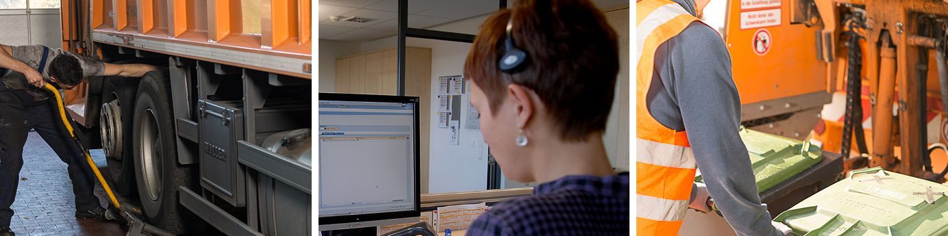 Ein geteiltes Bild mit drei Arbeitsbereichen der RegioEntsorgung: links Werkstattarbeit am Pressmüllfahrzeug, mittig eine Mitarbeiterin am Computer, rechts Lader mit zwei Biotonnen an der Schüttung Ein geteiltes Bild mit drei Arbeitsbereichen der RegioEntsorgung: links Werkstattarbeit am Pressmüllfahrzeug, mittig eine Mitarbeiterin am Computer, rechts Lader mit zwei Biotonnen an der Schüttung