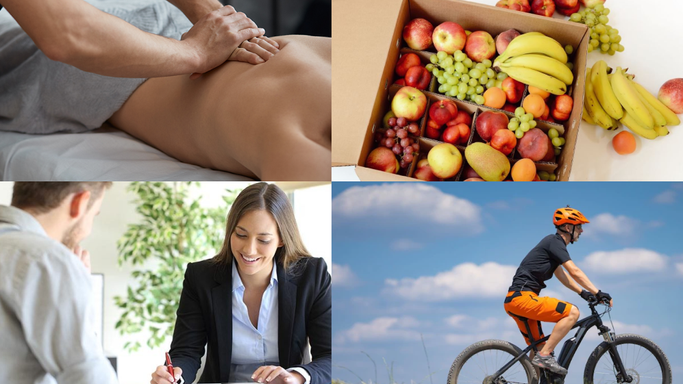 Eine Person auf dem Fahrrad, verschiedenes Obst in einer Kiste, eine Person bei der Massage